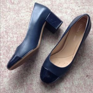 Navy Blue Cap-Toe Block-Heel Pumps by Clarks